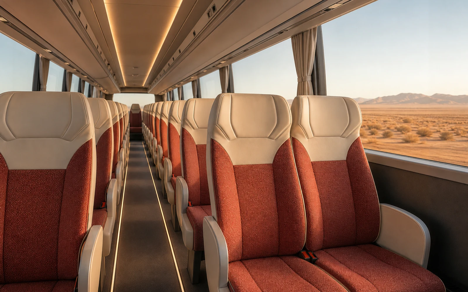 A calm electric coach interior with cream seats, vermilion upholstery, and desert views.