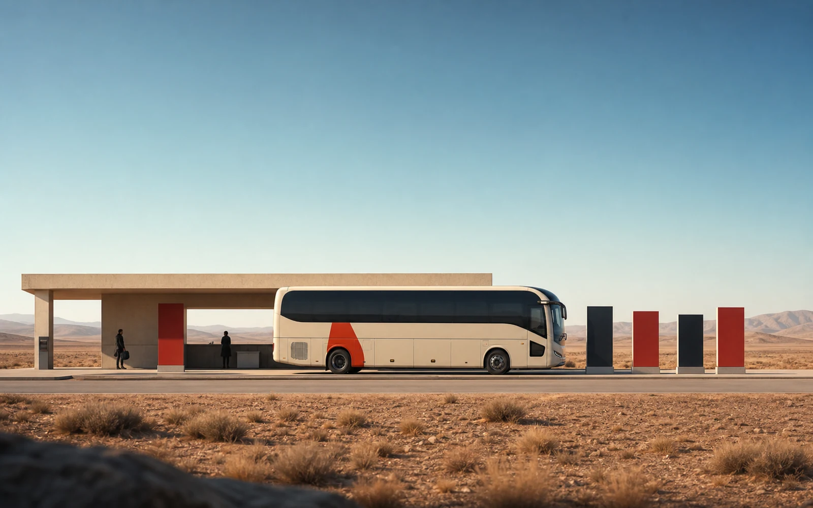 The fictional Sahra Mobility coach beside a minimal desert transit pavilion and blank wayfinding markers.