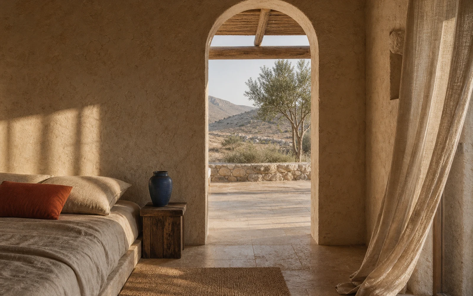A tactile limestone guest room with a linen bed, timber side table, cobalt vessel, and an arched desert view.